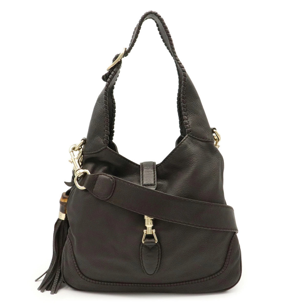 Gucci Jackie Shoulder Bag Hobo Leather Dark Brown Bamboo Fringe Charm